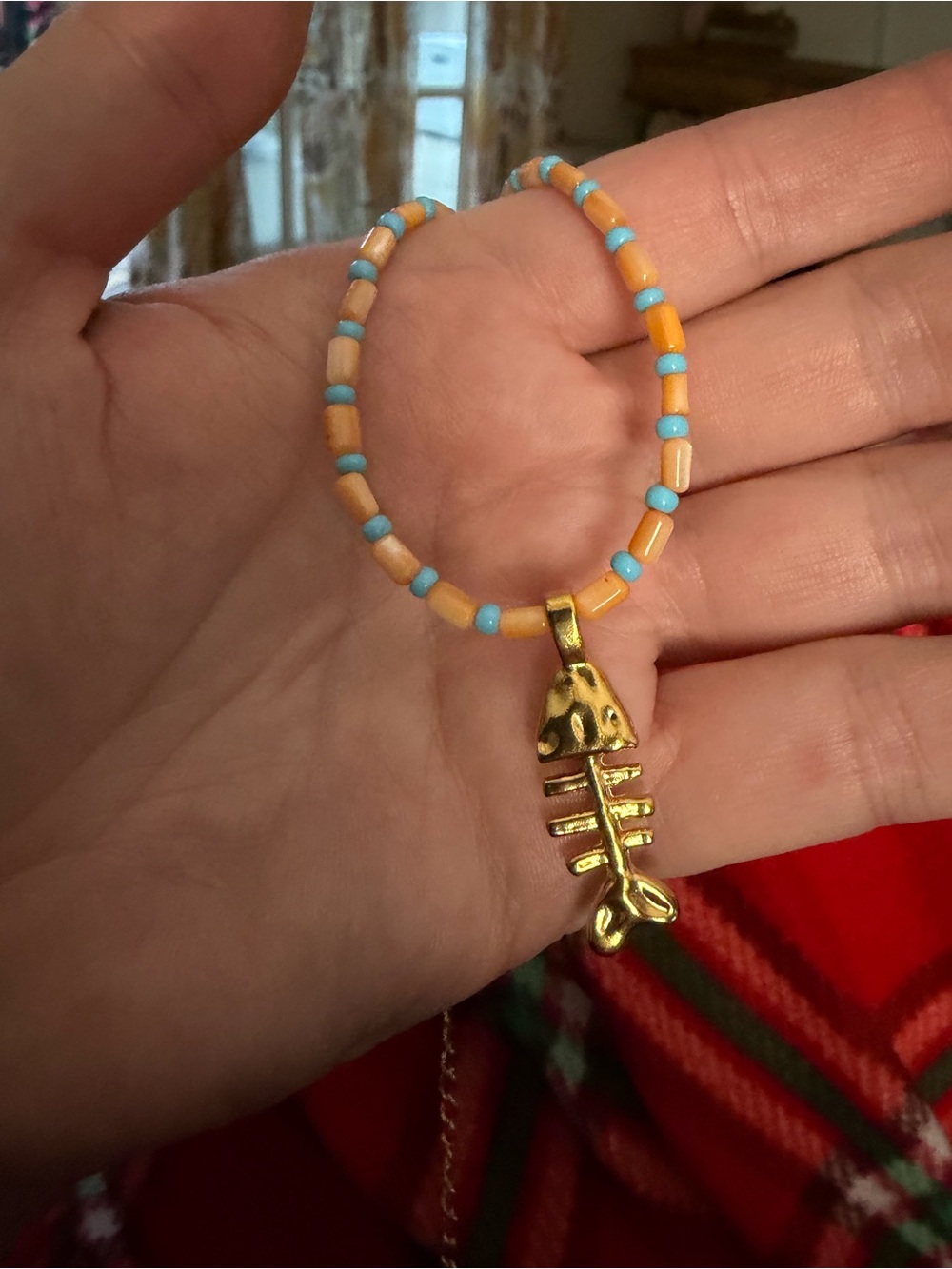 🔘Gold Fishbone Pendant Beaded Necklace - Peach & Light Blue